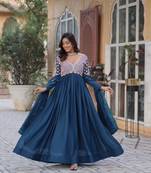 Teal blue Georgette with Embroidery Beads Sequins-work long kurti & dupatta