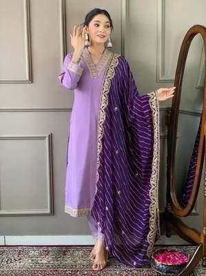Womens Roman Silk With Embroidery Work Kurti,Pant and Dupatta Set 1