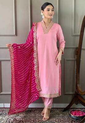 Womens Roman Silk With Embroidery Work Kurti,Pant and Dupatta Set 1