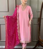 Womens Roman Silk With Embroidery Work Kurti,Pant and Dupatta Set