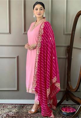 Womens Roman Silk With Embroidery Work Kurti,Pant and Dupatta Set 3
