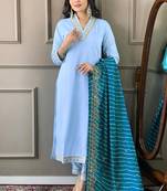 Womens Roman Silk With Embroidery Work Kurti,Pant and Dupatta Set