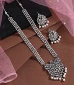 Silver color long oxidised kundan necklace set