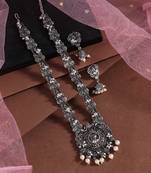 Silver color long oxidised necklace set