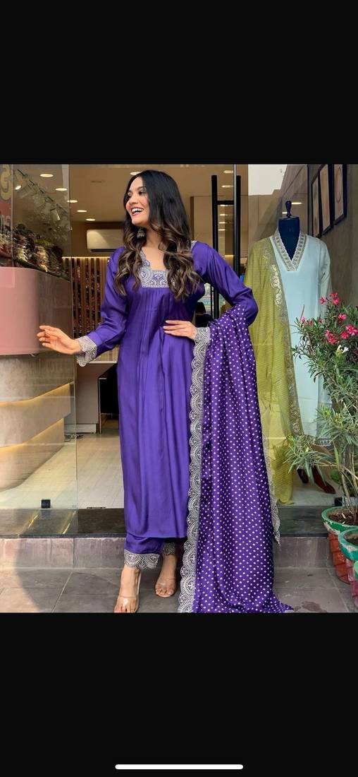 Womens Faux Georgette With Embroidery Work Kurti,Palazzo and Dupatta Set