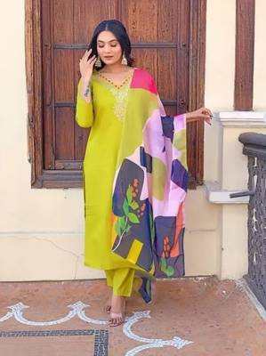 Womens Roman Silk With Embroidery Work Kurti,Pant and Dupatta Set 1