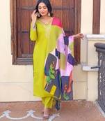 Womens Roman Silk With Embroidery Work Kurti,Pant and Dupatta Set