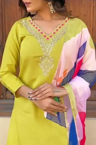 Womens Roman Silk With Embroidery Work Kurti,Pant and Dupatta Set