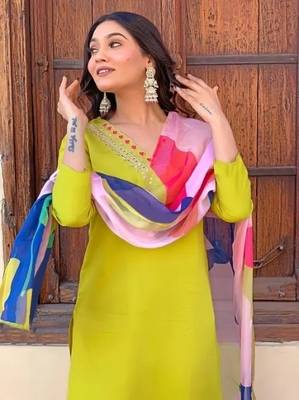 Womens Roman Silk With Embroidery Work Kurti,Pant and Dupatta Set 4