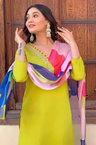 Womens Roman Silk With Embroidery Work Kurti,Pant and Dupatta Set