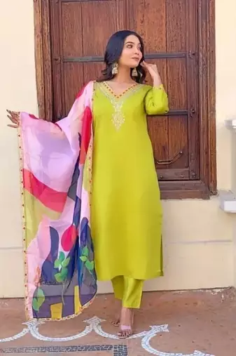 Womens Roman Silk With Embroidery Work Kurti,Pant and Dupatta Set
