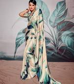 off white Satin silk digital print saree