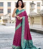 Silk Blend foliage prints rani pink weaving classic saree
