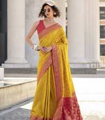 Silk Blend foliage prints yellow weaving classic saree