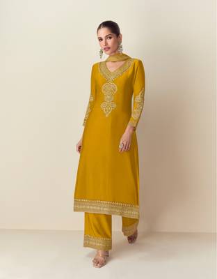 Yellow embroidered chinon semi-salwar suit 1