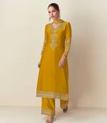 Yellow embroidered chinon semi-salwar suit
