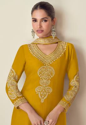 Yellow embroidered chinon semi-salwar suit 2