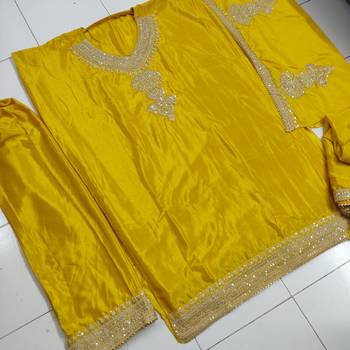 Yellow embroidered chinon semi-salwar suit 3