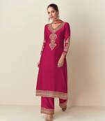 Red embroidered chinon semi-salwar suit