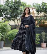 BLACK CHINON PARTY WEAR EMBROIDERY SUIT SET 