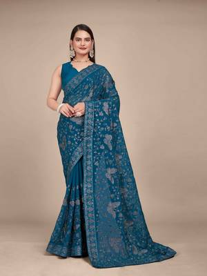 Peacock Blue Georgette embroidery saree with blouse piece for women 1