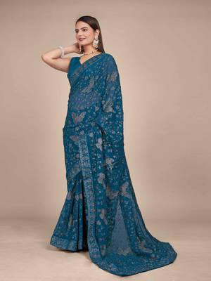 Peacock Blue Georgette embroidery saree with blouse piece for women 2