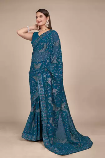 Peacock Blue Georgette embroidery saree with blouse piece for women