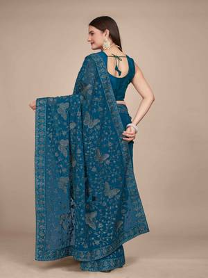 Peacock Blue Georgette embroidery saree with blouse piece for women 3