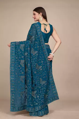 Peacock Blue Georgette embroidery saree with blouse piece for women