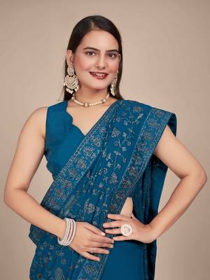 Peacock Blue Georgette embroidery saree with blouse piece for women 4