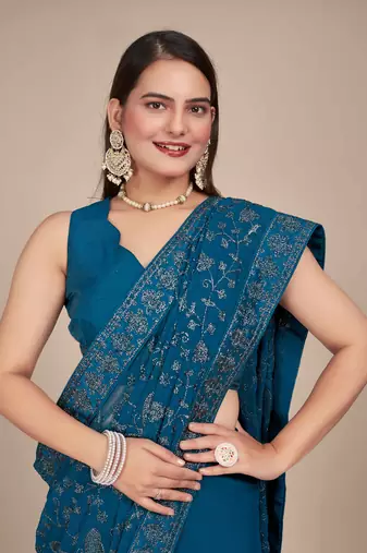 Peacock Blue Georgette embroidery saree with blouse piece for women