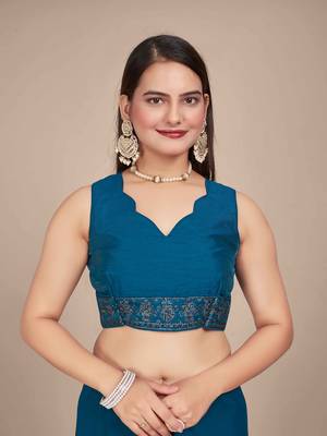 Peacock Blue Georgette embroidery saree with blouse piece for women 5