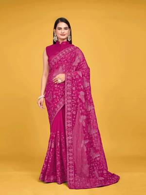 Pink Georgette embroidery saree with blouse piece for women  1