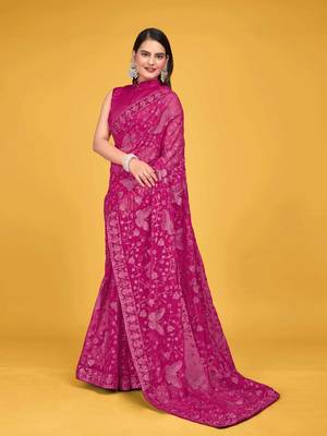 Pink Georgette embroidery saree with blouse piece for women  2