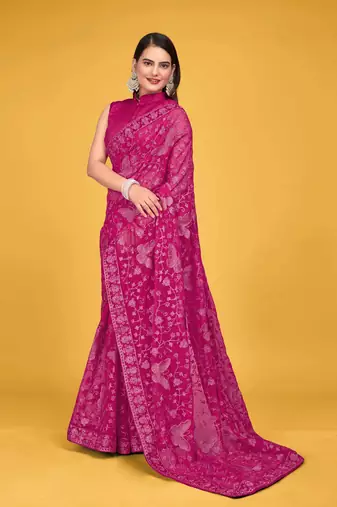 Pink Georgette embroidery saree with blouse piece for women 