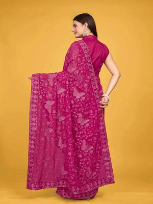 Pink Georgette embroidery saree with blouse piece for women  3