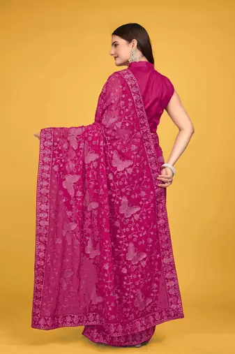Pink Georgette embroidery saree with blouse piece for women 