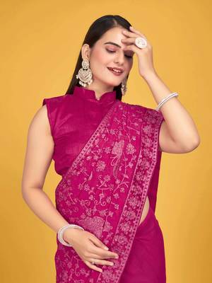 Pink Georgette embroidery saree with blouse piece for women  4