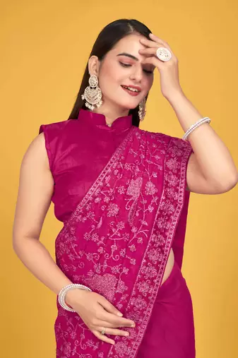 Pink Georgette embroidery saree with blouse piece for women 