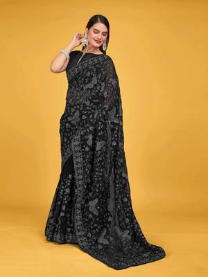 Black Georgette embroidery saree with blouse piece 2