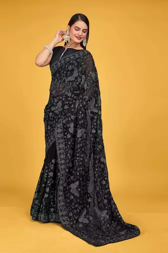 Black Georgette embroidery saree with blouse piece