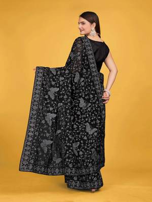 Black Georgette embroidery saree with blouse piece 3