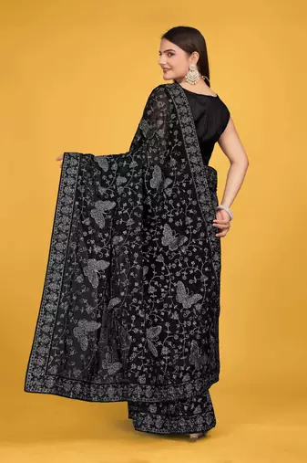 Black Georgette embroidery saree with blouse piece