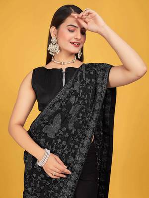 Black Georgette embroidery saree with blouse piece 4