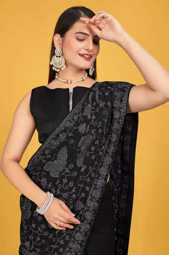 Black Georgette embroidery saree with blouse piece