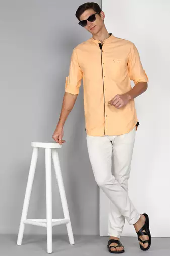 Men's linen cotton mandarin collar casual shirt | chinese collar shirt for men