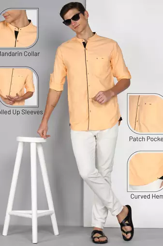 Men's linen cotton mandarin collar casual shirt | chinese collar shirt for men