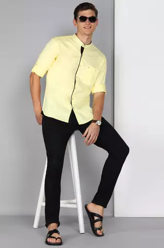 Men's linen cotton mandarin collar casual shirt | chinese collar shirt for men