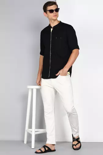 Men's linen cotton mandarin collar casual shirt | chinese collar shirt for men