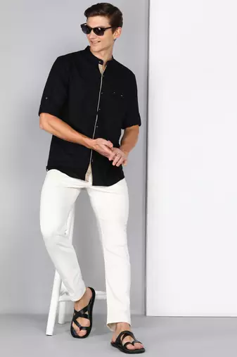 Men's linen cotton mandarin collar casual shirt | chinese collar shirt for men